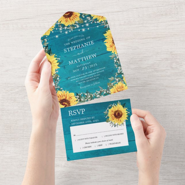 Rustikale Sonnenblume Babys Atembräune Aqua Hochze All In One Einladung (Abreißen)