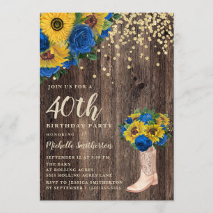 Rustikale Sonnenblume Blaue Rose Stiefel 40. Gebur Einladung