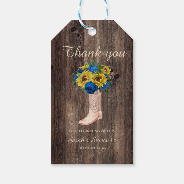 Rustikale Sonnenblume Blauer Rose Stiefel Sweet 16 Geschenkanhänger (Vorderseite)