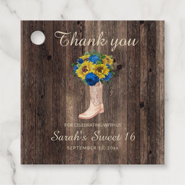 Rustikale Sonnenblume Blauer Rose Stiefel Sweet 16 Geschenkanhänger (Vorderseite)