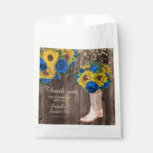 Rustikale Sonnenblume Blauer Rose Stiefel Sweet 16 Geschenktütchen (Vorderseite)