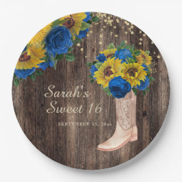 Rustikale Sonnenblume Blauer Rose Stiefel Sweet 16 Pappteller