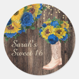 Rustikale Sonnenblume Blauer Rose Stiefel Sweet 16 Runder Aufkleber