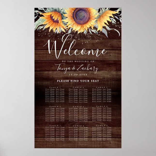 Rustikale Sonnenblume Blüte 9 Tabelle Sitzplan Poster (Vorne)