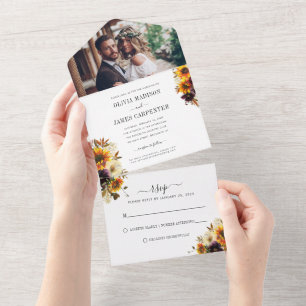 Rustikale Sonnenblume Burgund Blumen Foto Hochzeit All In One Einladung