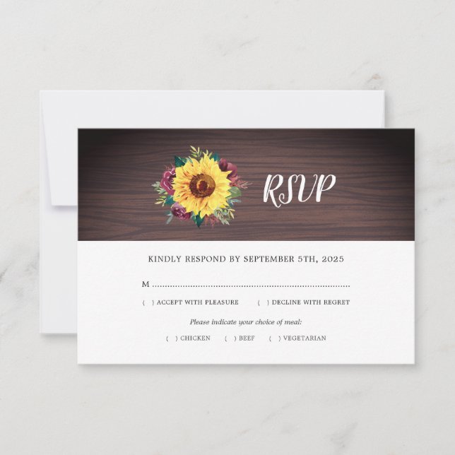 Rustikale Sonnenblume Burgund Rose Wood Wedding Me RSVP Karte (Vorderseite)