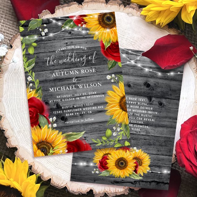 Rustikale Sonnenblume Burgund Rote Rose Wood Weddi Einladung (Personalized rustic wood, burgundy red rose sunflower wedding invitations for your big day!)