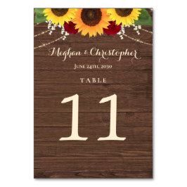 Rustikale Sonnenblume Burgund Rote Rosen Wood Wedd Tischnummer