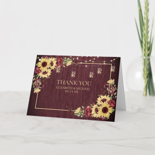 Rustikale Sonnenblume Burgund-Wald-Blütenhochzeit Karte (Vorderseite)