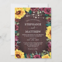 Rustikale Sonnenblume Burgundy Lights Wood Wedding