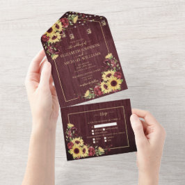 Rustikale Sonnenblume Burgundy Wood Floral Wedding All In One Einladung
