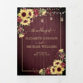 Rustikale Sonnenblume Burgundy Wood Floral Wedding Dreifach Gefaltete Einladung