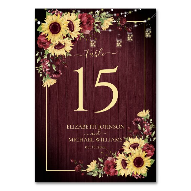 Rustikale Sonnenblume Burgundy Wood Floral Wedding Tischnummer (Vorderseite)