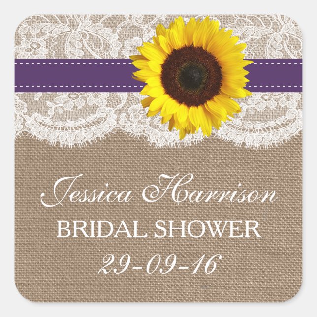 Rustikale Sonnenblume, Burlap- und Lace-Brautparty Quadratischer Aufkleber (Vorderseite)