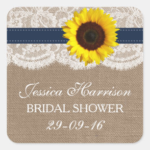 Rustikale Sonnenblume, Burlap- und Lace-Brautparty Quadratischer Aufkleber