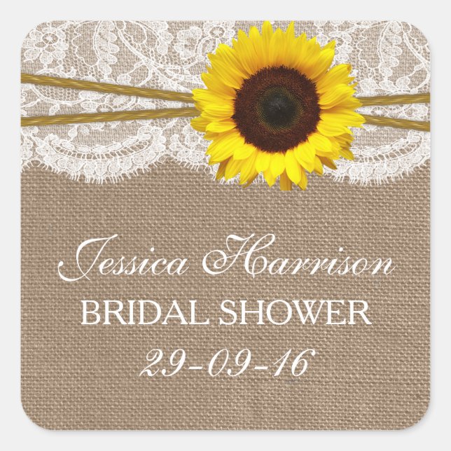 Rustikale Sonnenblume, Burlap- und Lace-Brautparty Quadratischer Aufkleber (Vorderseite)