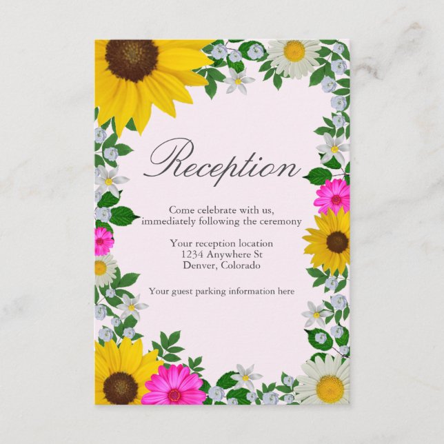 Rustikale Sonnenblume Daisy Floral Hochzeit Empfan Begleitkarte (Vorderseite)