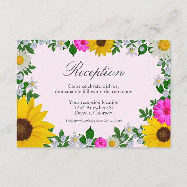 Rustikale Sonnenblume Daisy Floral Hochzeit Empfan Begleitkarte (Vorderseite)
