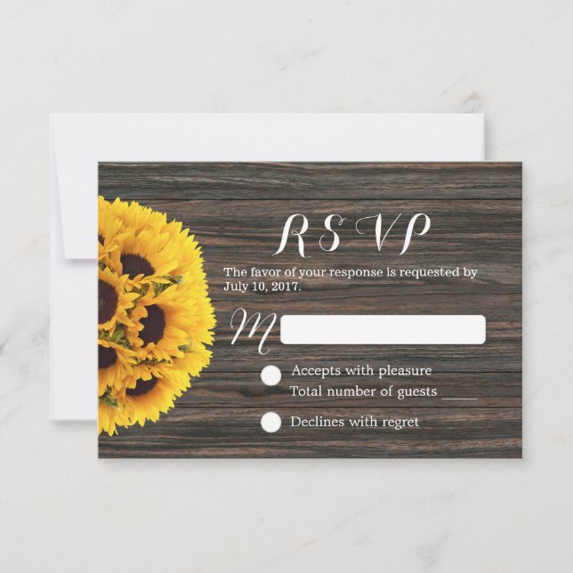Rustikale Sonnenblume Dunkelholz Hintergrund Hochz RSVP Karte (Vorderseite)