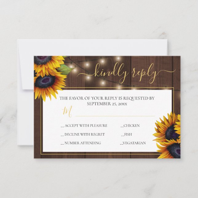 Rustikale Sonnenblume elegante Goldskriptholz Hoch RSVP Karte (Vorderseite)