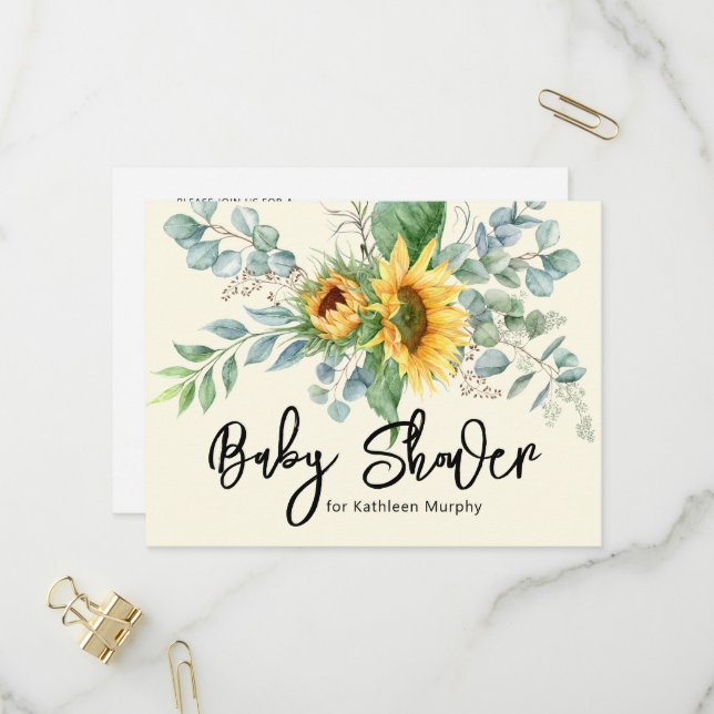 Rustikale Sonnenblume Eukalyptus Greenery Baby Dus Einladungspostkarte (Vorderseite/Rückseite Beispiel)