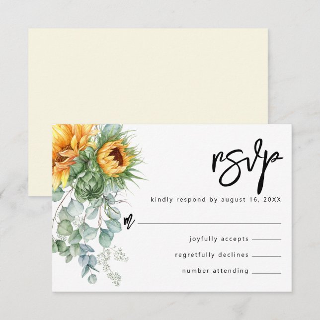 Rustikale Sonnenblume Eukalyptus Grüne Hochzeit RSVP Karte (Vorne/Hinten)