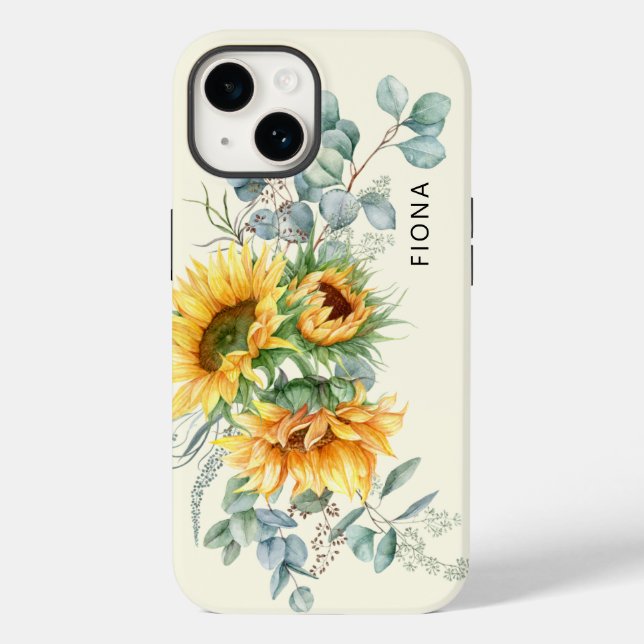 Rustikale Sonnenblume Eukalyptus Grüne Personalisi Case-Mate iPhone 14 Hülle (Rückseite)