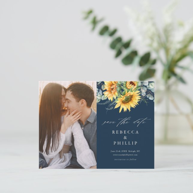 Rustikale Sonnenblume Eukalyptus Wedding retten da Ankündigungspostkarte (Stehend Vorderseite)