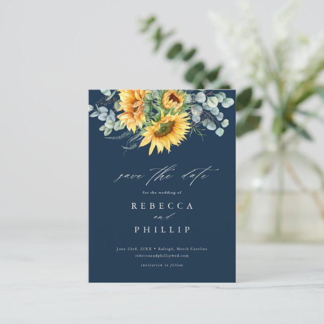 Rustikale Sonnenblume Eukalyptus Wedding retten da Ankündigungspostkarte (Stehend Vorderseite)