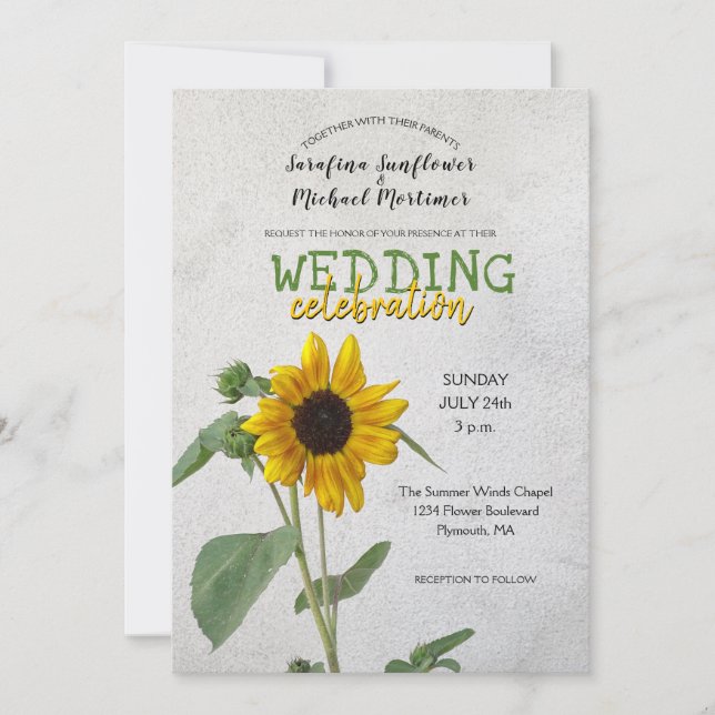 Rustikale Sonnenblume / Gelb & Grün Hochzeit Einladung (Vorderseite)