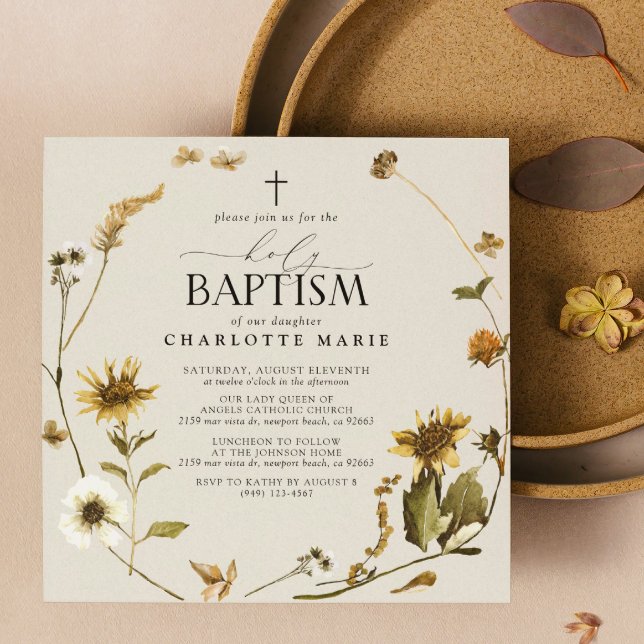 Rustikale Sonnenblume Heilige Taufe Modernes Skrip Einladung (Holy Baptism Invitations!)
