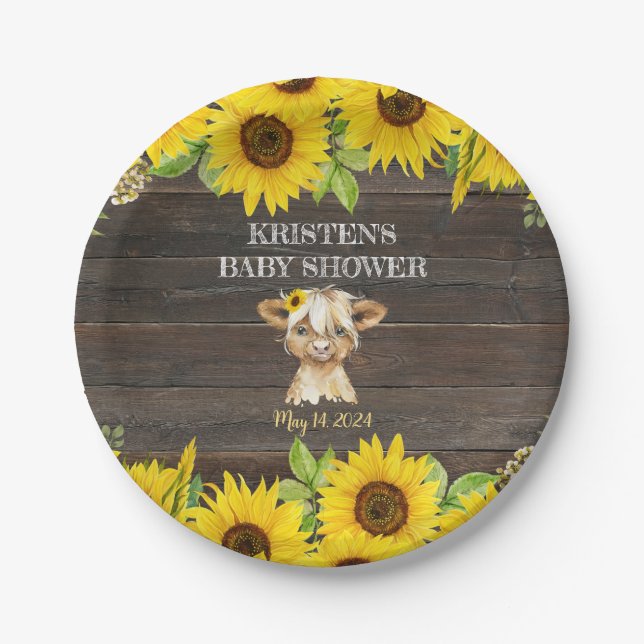 Rustikale Sonnenblume Hochland Kuh Baby Dusche Pappteller (Vorderseite)