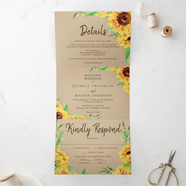 Rustikale Sonnenblume Hochzeit Dreifach Einladunge Dreifach Gefaltete Einladung (Innenseite)