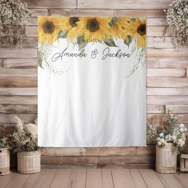 Rustikale Sonnenblume Hochzeitsstand Foto Hintergr Wandteppich (Rustic sunflower themed, wedding backdrop)