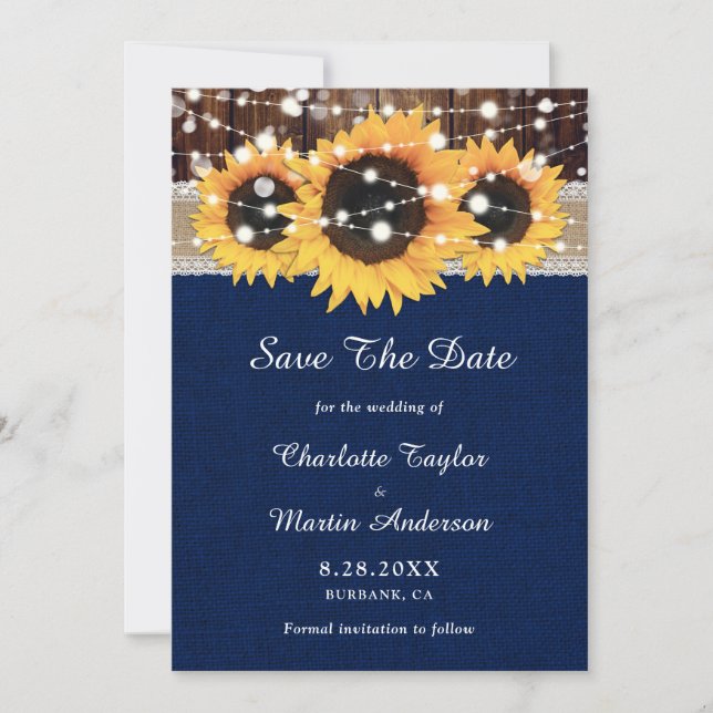 Rustikale Sonnenblume Holz Spitzen Lichter Navy Bl Save The Date (Vorderseite)