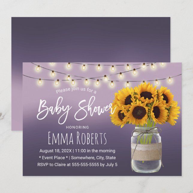 Rustikale Sonnenblume Jar Elegante Lila Babydusche Einladung (Vorne/Hinten)