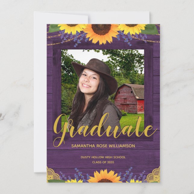 Rustikale Sonnenblume Lila Gold 2 Foto Abschluss Ankündigung (Vorderseite)