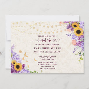 Rustikale Sonnenblume Lilac Beige Linen Brautparty Einladung