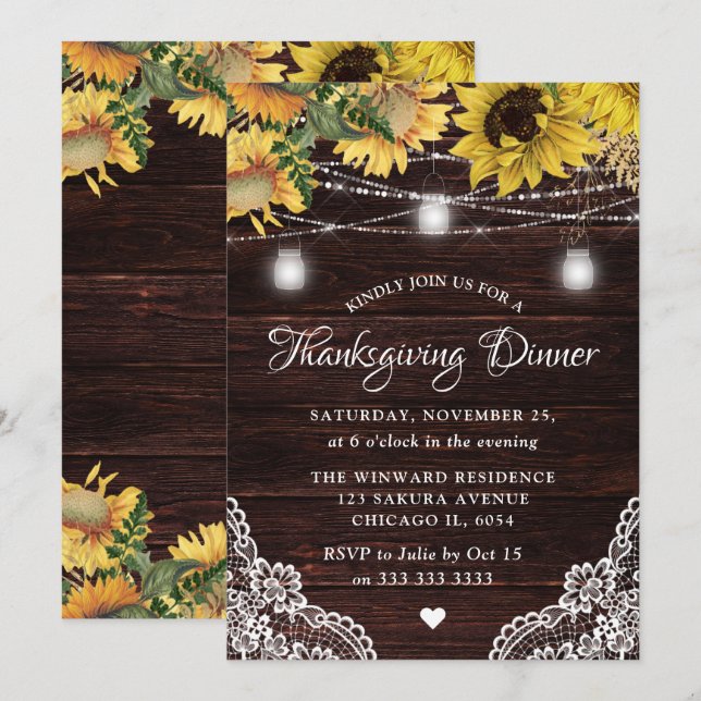 Rustikale Sonnenblume & Mason Jar Lights Erntedank Einladung (Vorne/Hinten)