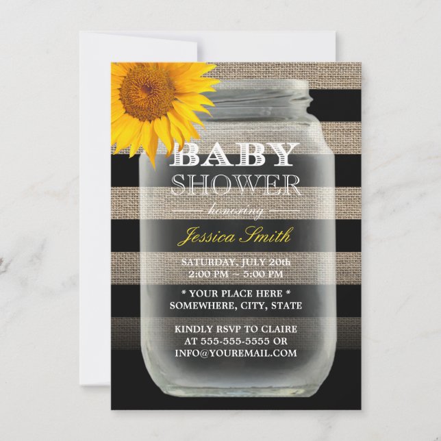 Rustikale Sonnenblume Mason Jar & Stripes Babydusc Einladung (Vorderseite)