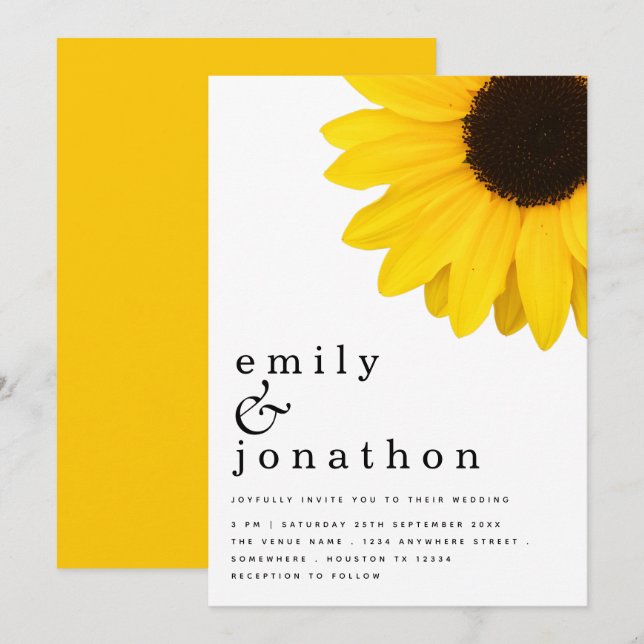 Rustikale Sonnenblume Moderne Typografie Hochzeit Einladung (Vorne/Hinten)