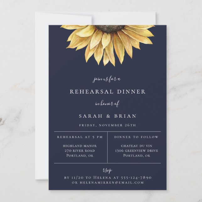 Rustikale Sonnenblume Navy Blue Probe Dinner Ankündigung (Vorderseite)