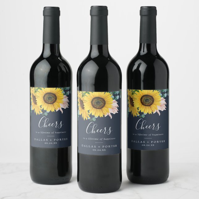 Rustikale Sonnenblume | Navy Cheers Hochzeiten von Weinetikett (Flaschen)