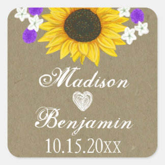 Rustikale Sonnenblume Personalisierte Hochzeitskle Quadratischer Aufkleber