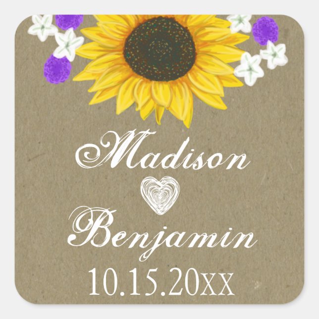 Rustikale Sonnenblume Personalisierte Hochzeitskle Quadratischer Aufkleber (Vorderseite)
