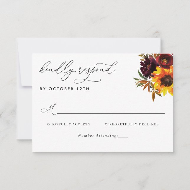 Rustikale Sonnenblume Rose Burgund Hochzeit im Her RSVP Karte (Vorderseite)