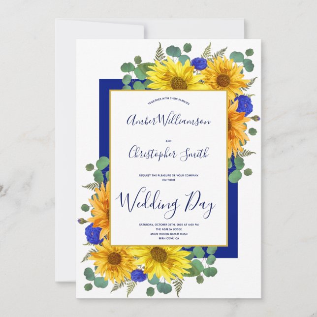 Rustikale Sonnenblume Royal Blue Rose Country Wedd Einladung (Vorderseite)