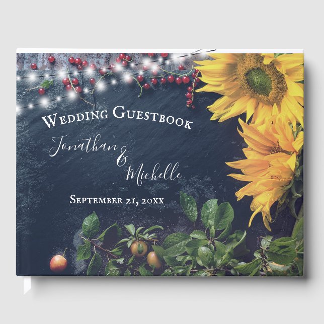 Rustikale Sonnenblume, Schiefer und Lichtereihen Gästebuch (Vorderseite)
