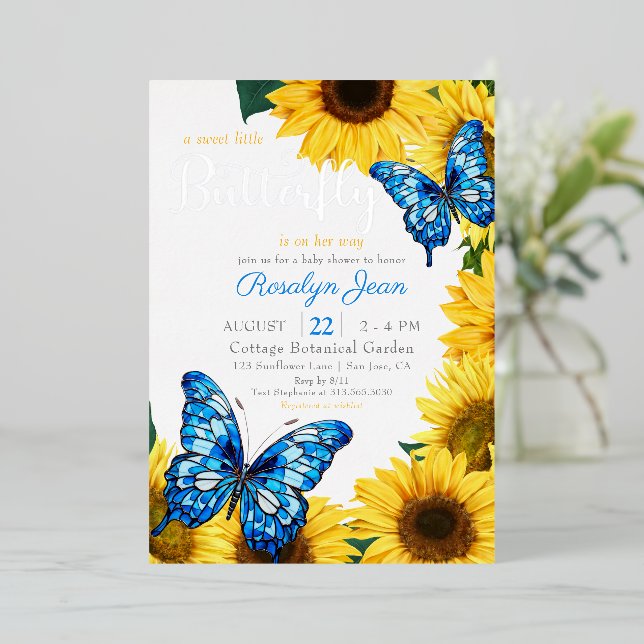 Rustikale Sonnenblume Schmetterling Kobalt Blau Ge Folieneinladung (Stehend vorne)