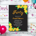 Rustikale Sonnenblume Sommer Schwarze Blüte 40. Ge Einladung<br><div class="desc">Diese elegante Sonnenblumen-Geburtstagseinladung eignet sich perfekt für einen modernen Blumengeburtstag. Das schlichte Design ist mit gelben und orangefarbenen Sonnenblumen mit eleganter weißer und orangefarbener Typografie auf einem kühnen schwarzen Hintergrund gestaltet.</div>